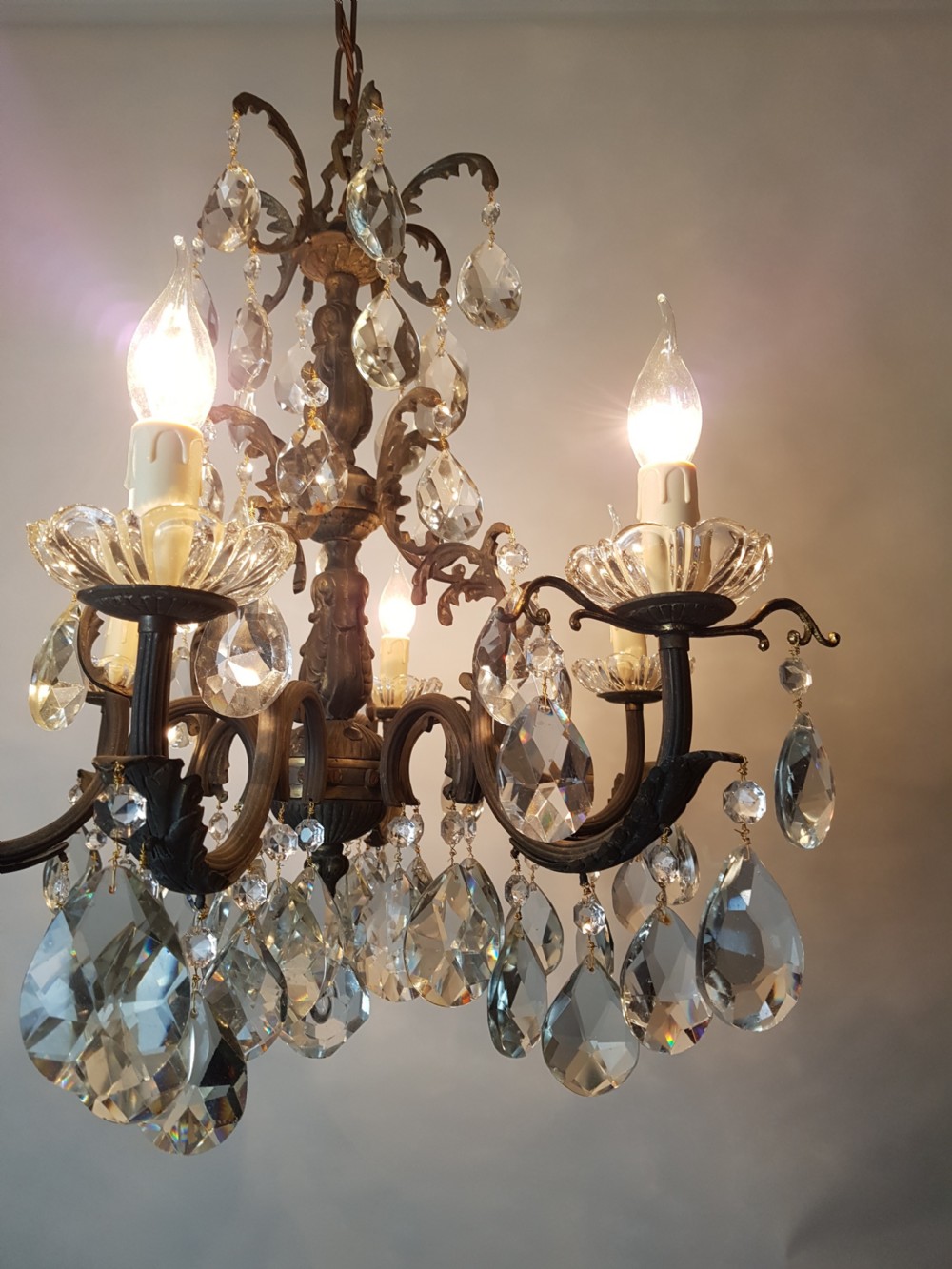 c1910 6 Arm Gilt Brass Crystal Chandelier; Rewired  View III