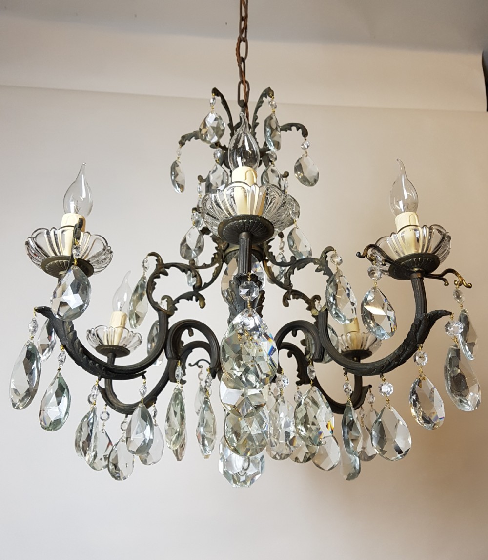 c1910 6 Arm Gilt Brass Crystal Chandelier; Rewired  View IV