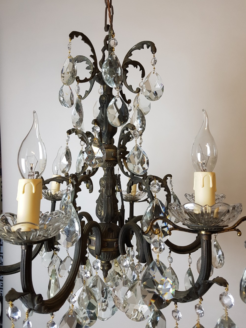 c1910 6 Arm Gilt Brass Crystal Chandelier; Rewired  View V