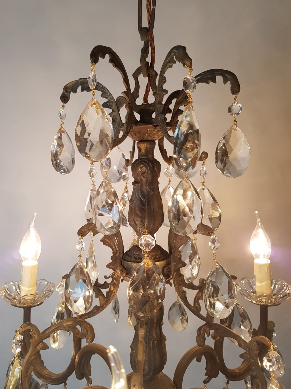 c1910 6 Arm Gilt Brass Crystal Chandelier; Rewired  View VI