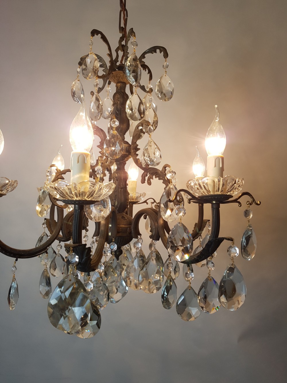 c1910 6 Arm Gilt Brass Crystal Chandelier; Rewired  View VII