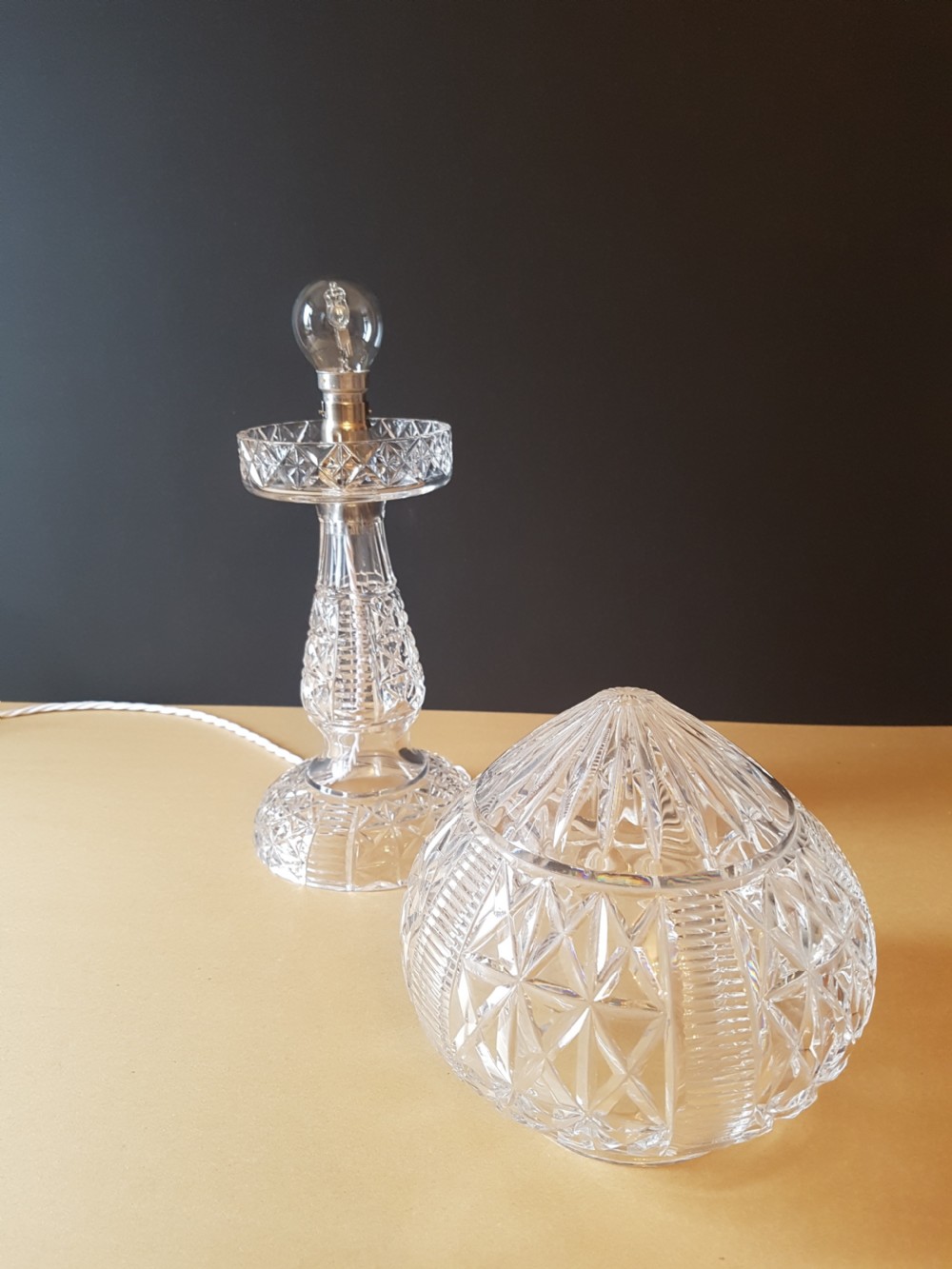 c1920 Cut Crystal Mushroom Table Lamp; Rewired and PAT tested  View II
