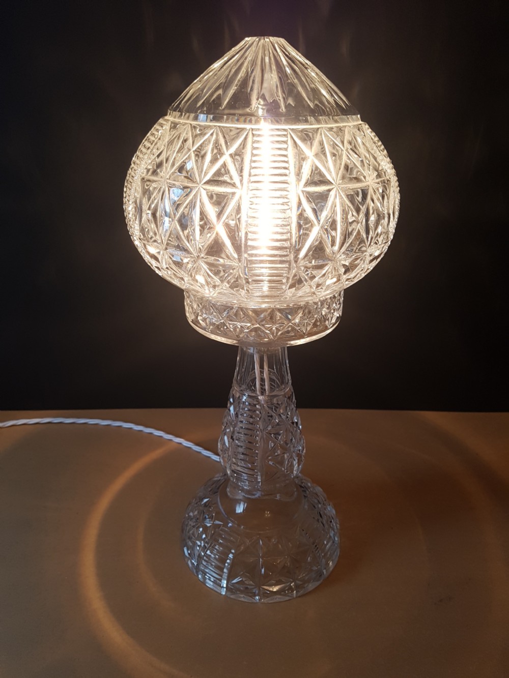 c1920 Cut Crystal Mushroom Table Lamp; Rewired and PAT tested  View III