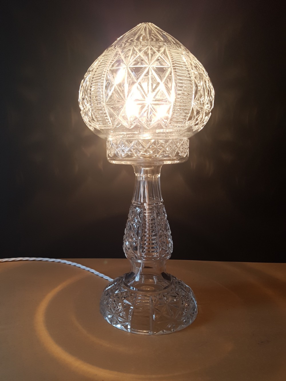 c1920 Cut Crystal Mushroom Table Lamp; Rewired and PAT tested  View V