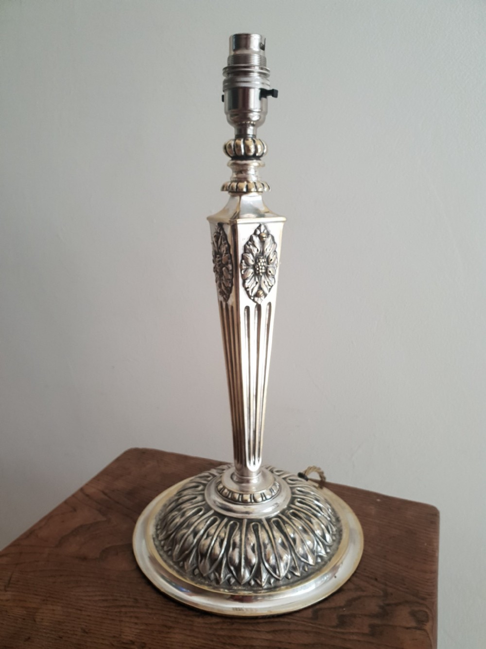 c1910 Partially Distressed Silver Plated Brass Table Lamp Base; Rewired & PAT tested View II