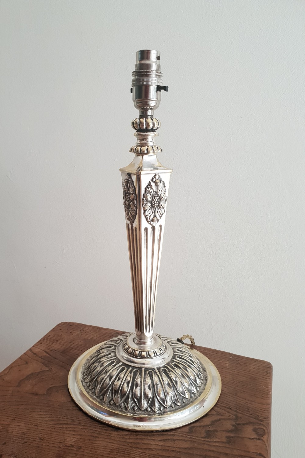 c1910 Partially Distressed Silver Plated Brass Table Lamp Base; Rewired & PAT tested View III