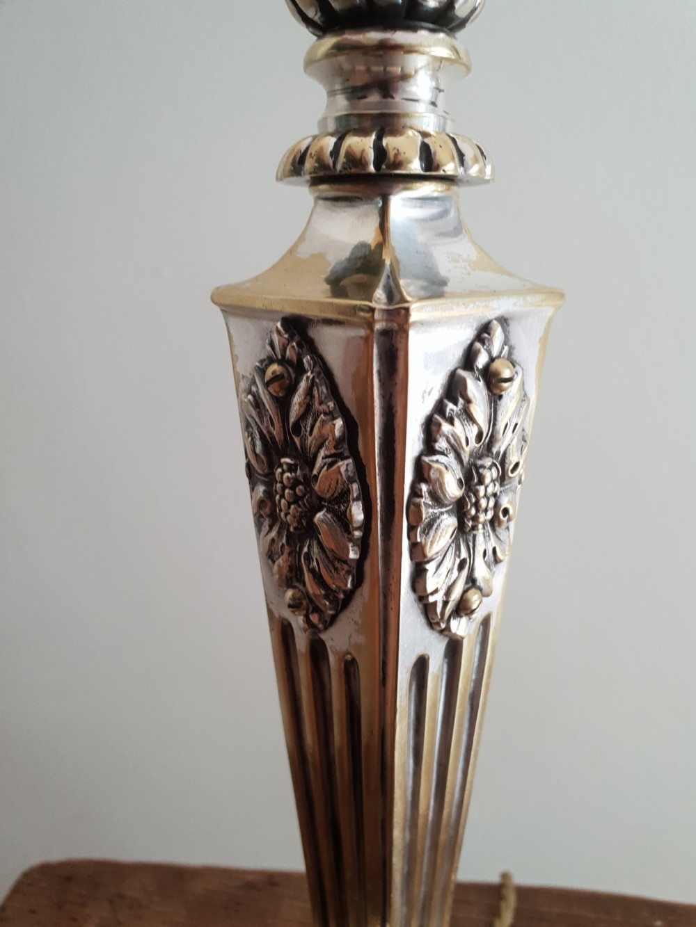 c1910 Partially Distressed Silver Plated Brass Table Lamp Base; Rewired & PAT tested View IV