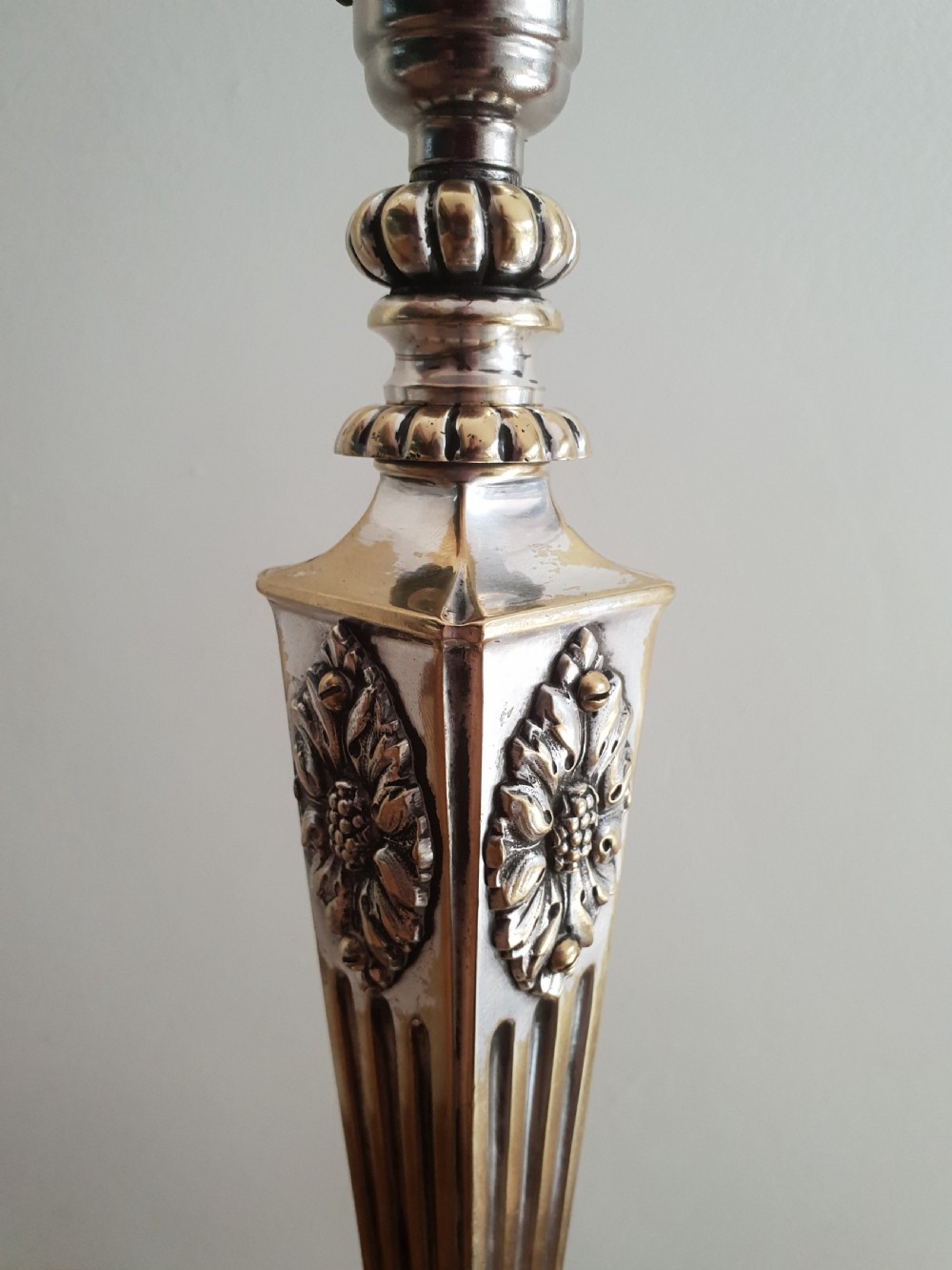 c1910 Partially Distressed Silver Plated Brass Table Lamp Base; Rewired & PAT tested View V
