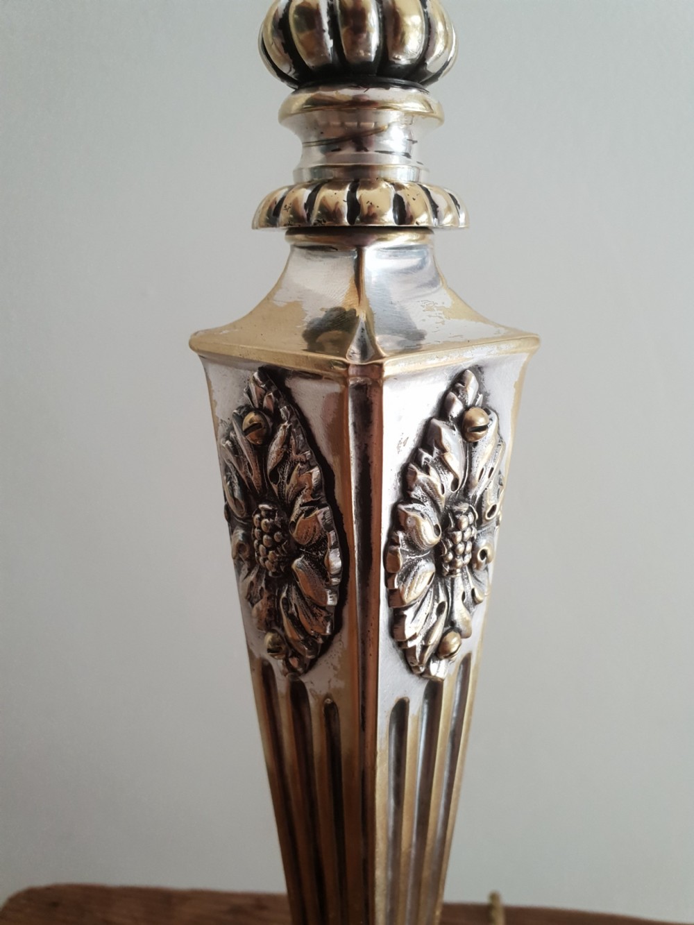 c1910 Partially Distressed Silver Plated Brass Table Lamp Base; Rewired & PAT tested View VI