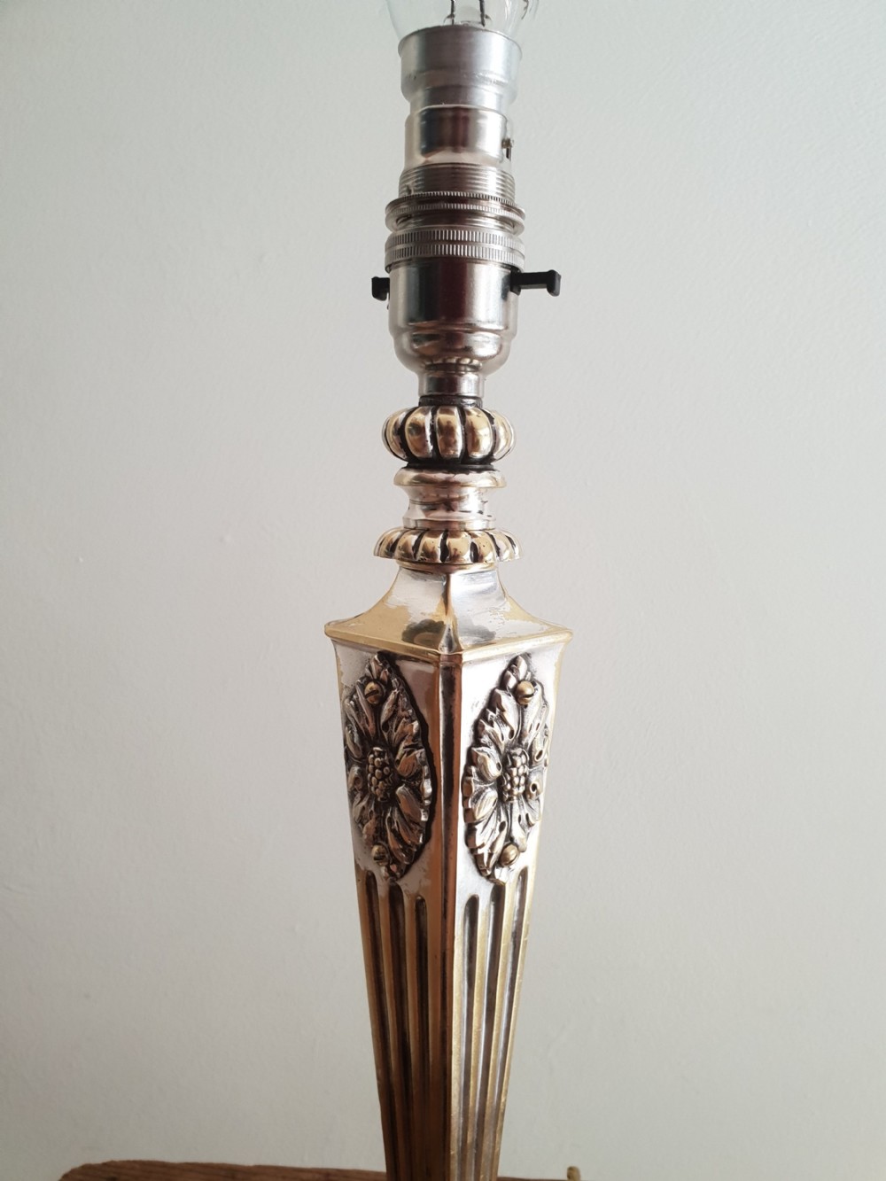 c1910 Partially Distressed Silver Plated Brass Table Lamp Base; Rewired & PAT tested View VII