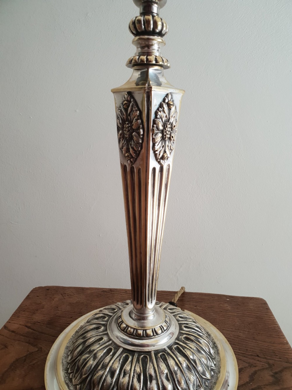 c1910 Partially Distressed Silver Plated Brass Table Lamp Base; Rewired & PAT tested View VIII