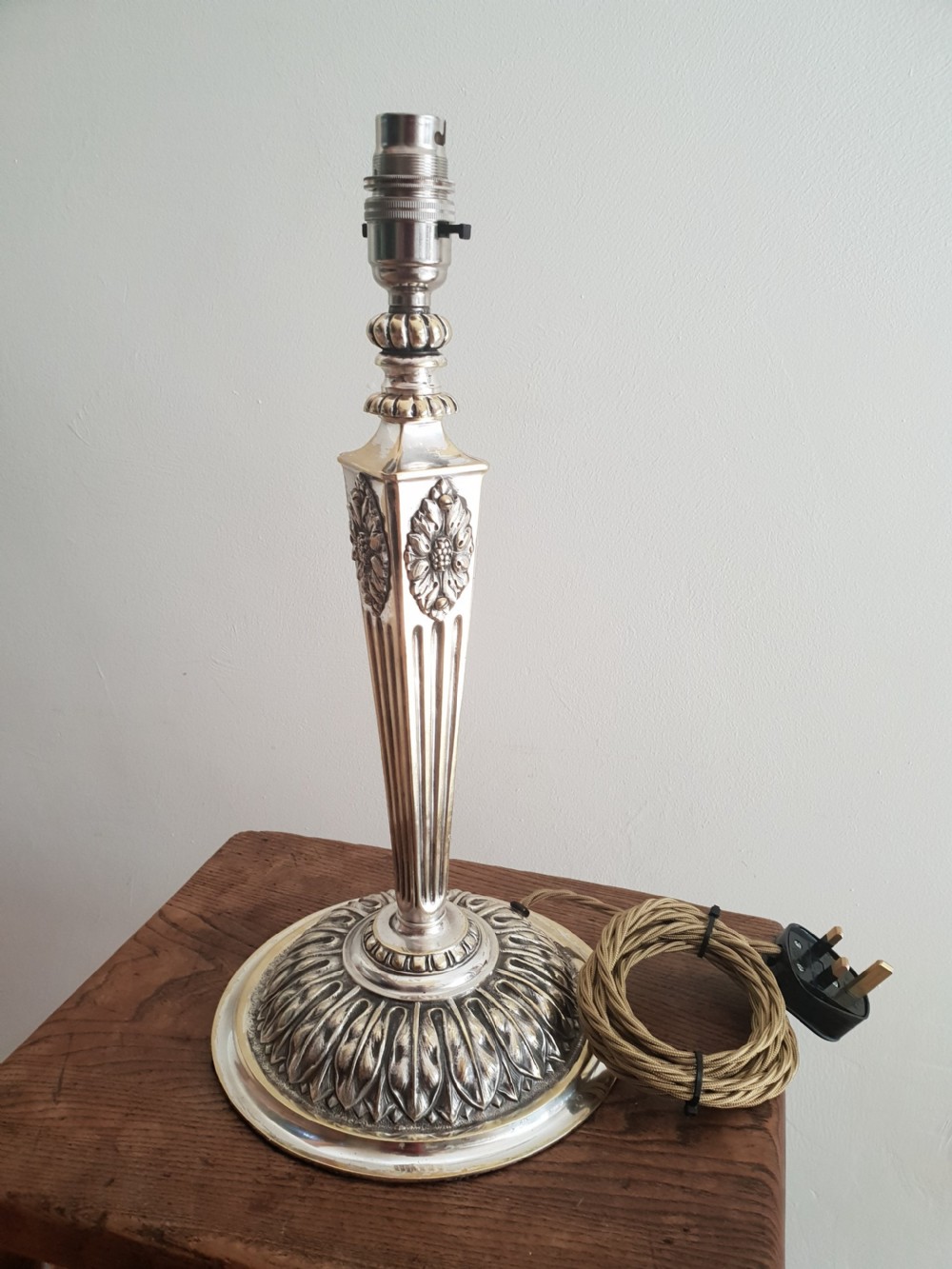 c1910 Partially Distressed Silver Plated Brass Table Lamp Base; Rewired & PAT tested View IX