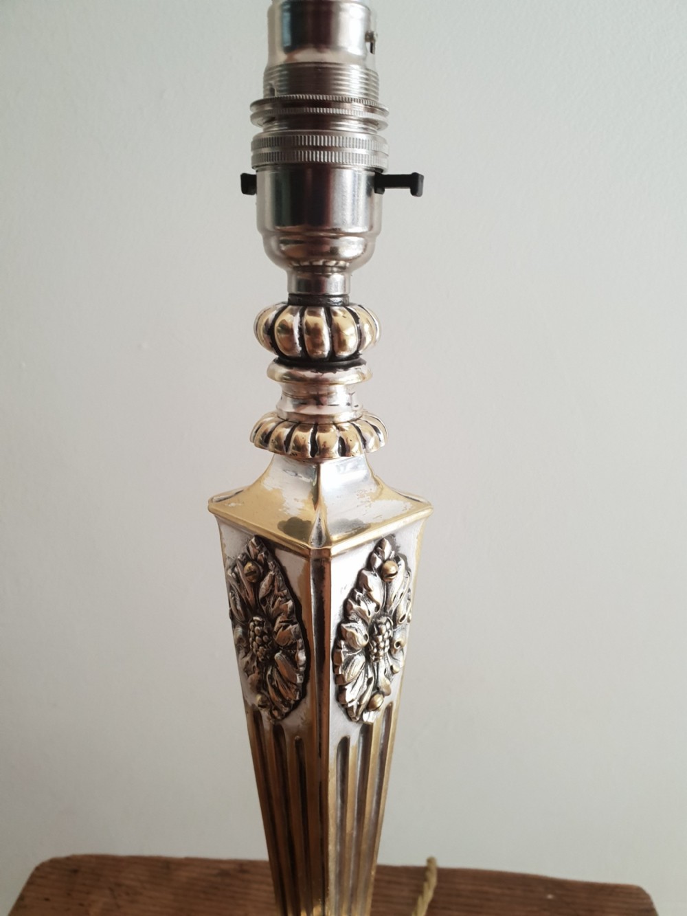 c1910 Partially Distressed Silver Plated Brass Table Lamp Base; Rewired & PAT tested View X