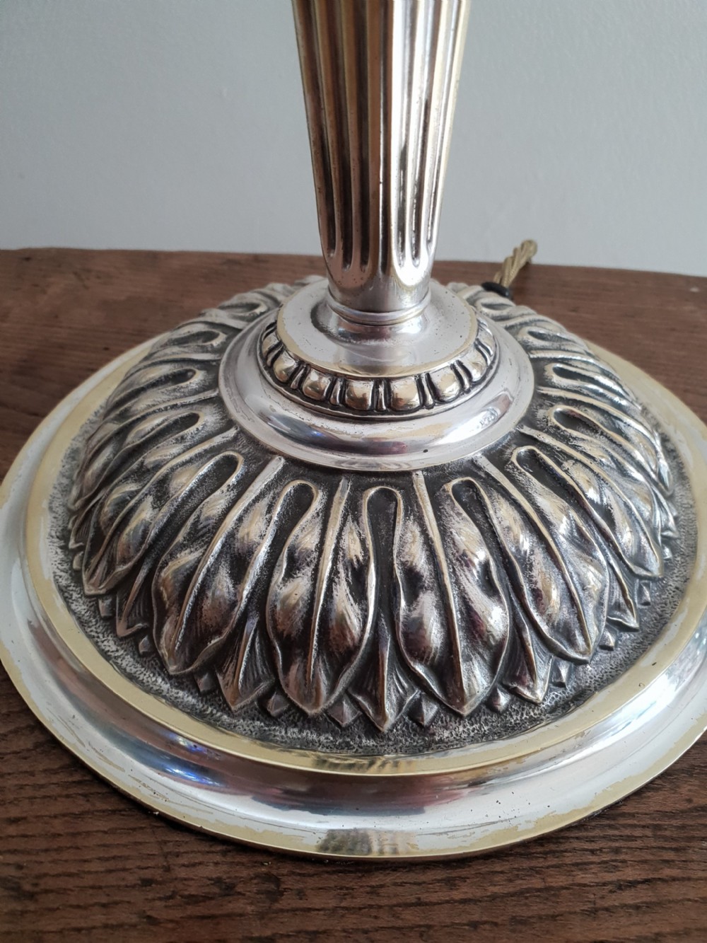 c1910 Partially Distressed Silver Plated Brass Table Lamp Base; Rewired & PAT tested View XI