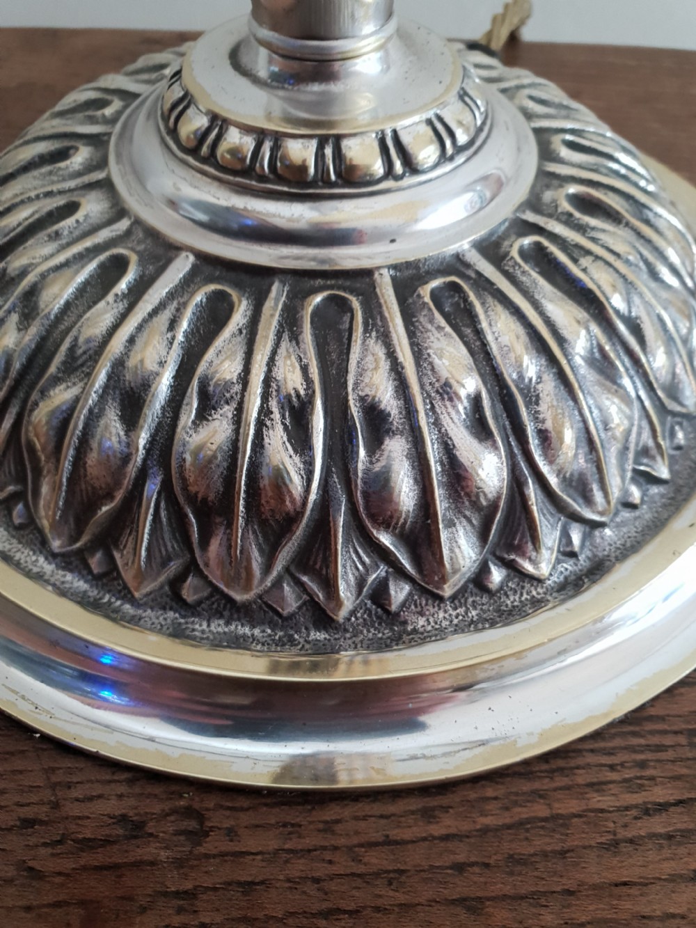 c1910 Partially Distressed Silver Plated Brass Table Lamp Base; Rewired & PAT tested View XII