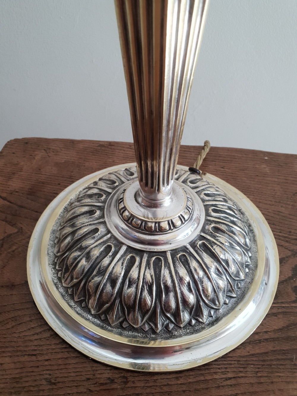 c1910 Partially Distressed Silver Plated Brass Table Lamp Base; Rewired & PAT tested View XIII