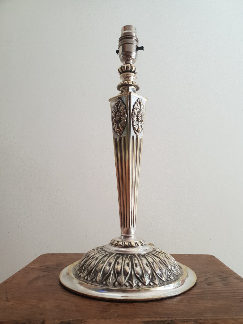 c1910 Partially Distressed Silver Plated Brass Table Lamp Base; Rewired & PAT tested View XVIII