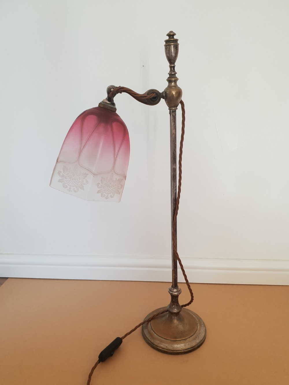 Distressed Adjustable Table Lamp with Frosted Cranberry Shade, Rewired and PAT tested 