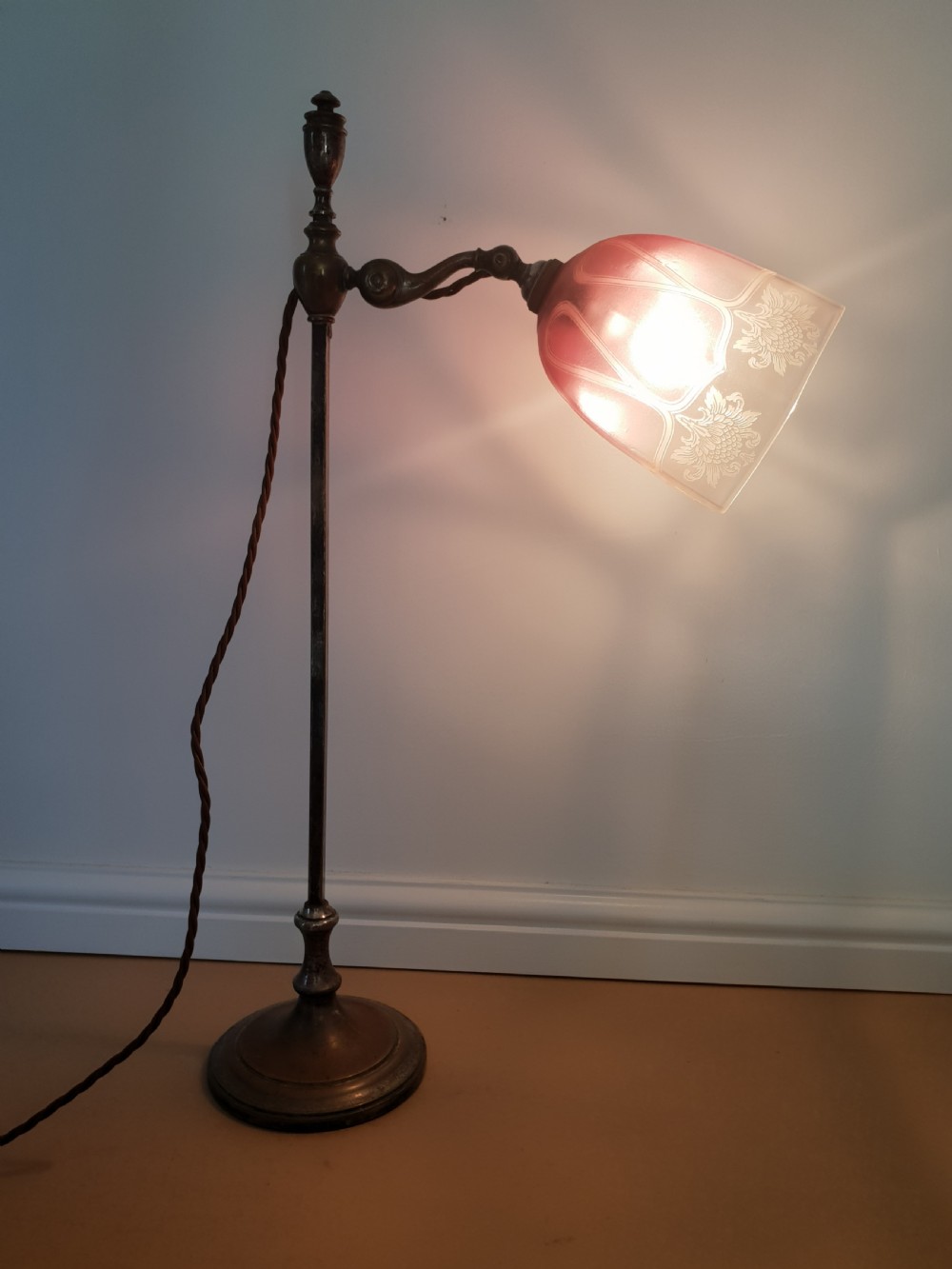 Distressed Adjustable Table Lamp with Frosted Cranberry Shade, Rewired and PAT tested  View II