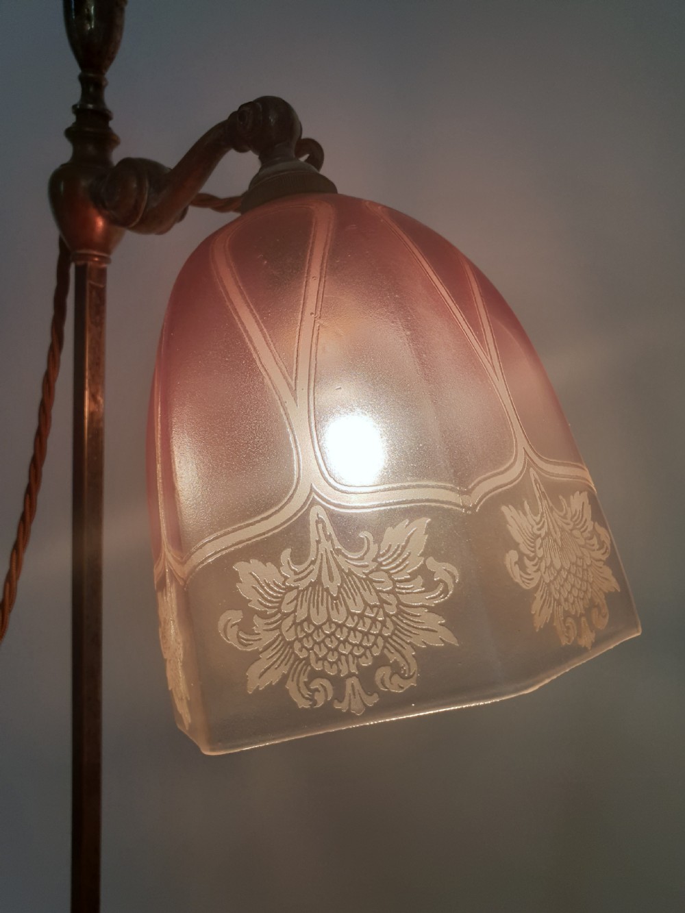 Distressed Adjustable Table Lamp with Frosted Cranberry Shade, Rewired and PAT tested  View III