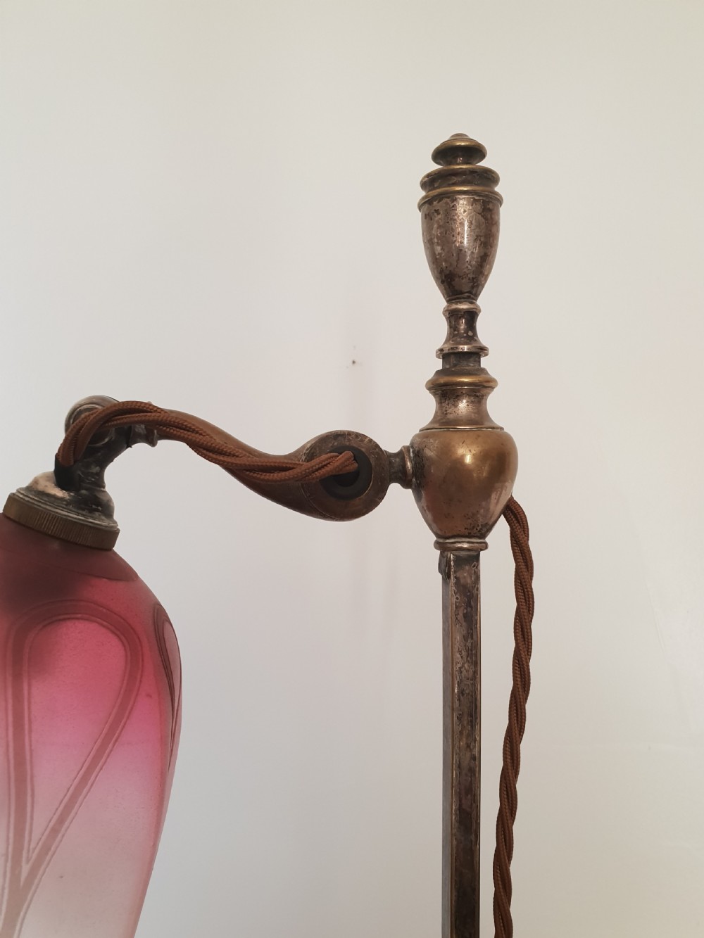 Distressed Adjustable Table Lamp with Frosted Cranberry Shade, Rewired and PAT tested  View VI