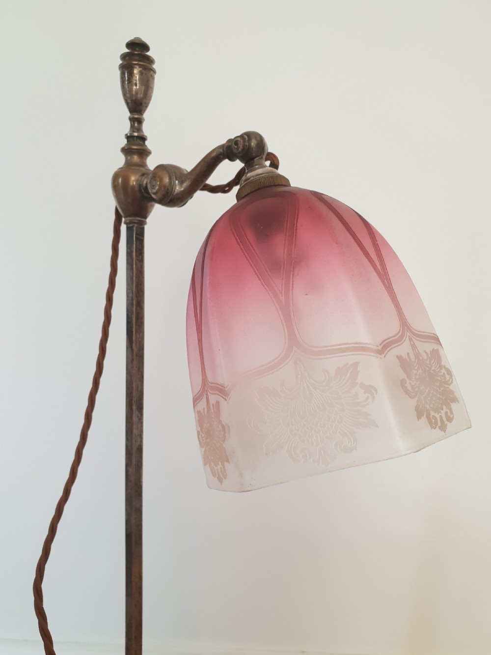 Distressed Adjustable Table Lamp with Frosted Cranberry Shade, Rewired and PAT tested  View VII