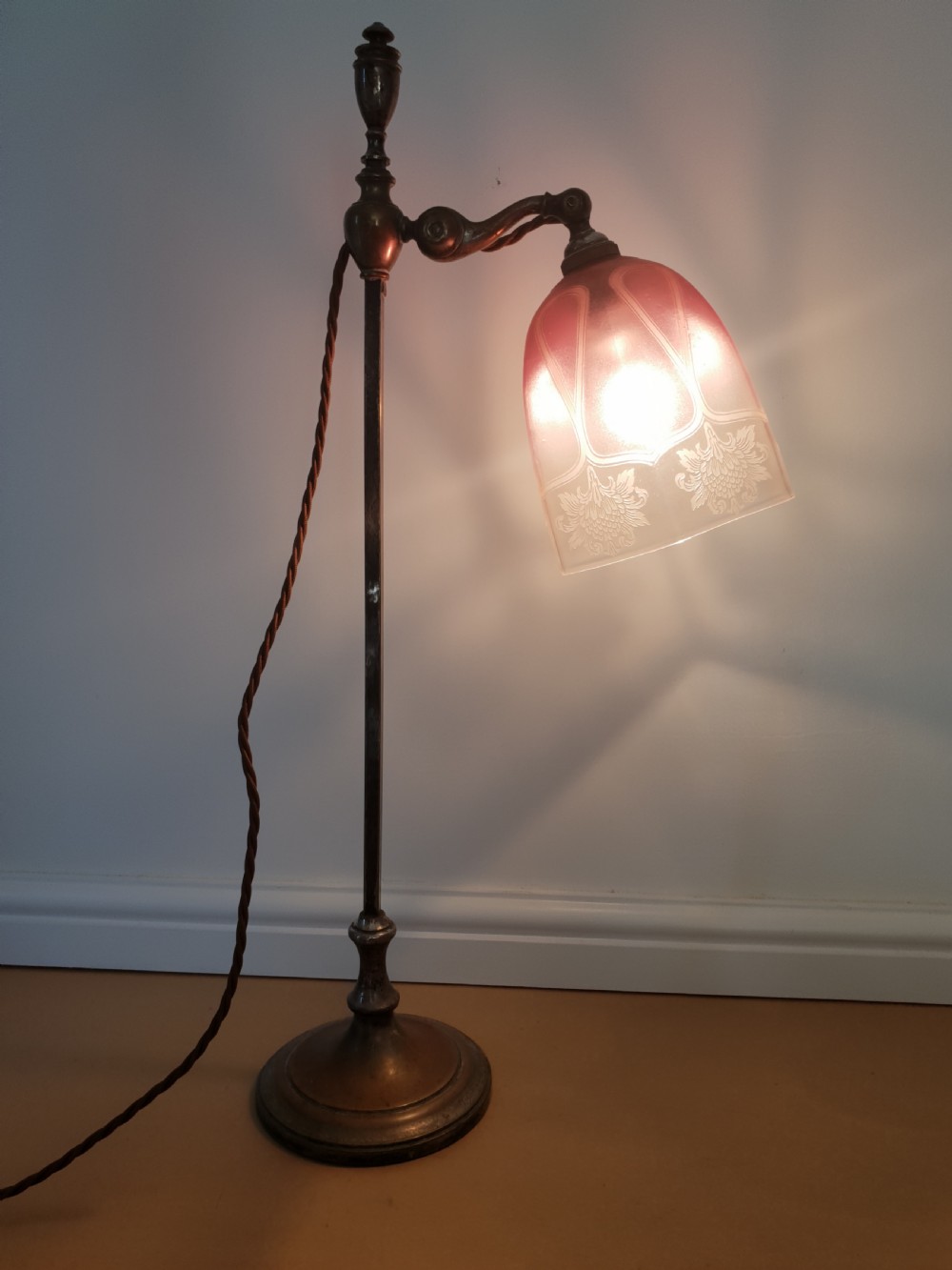 Distressed Adjustable Table Lamp with Frosted Cranberry Shade, Rewired and PAT tested  View IX