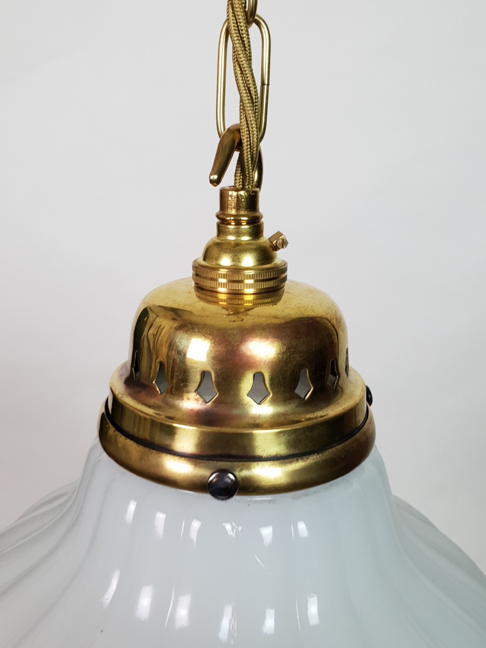 Edwardian Moonstone Ceiling Light with Original Brass Gallery  View V