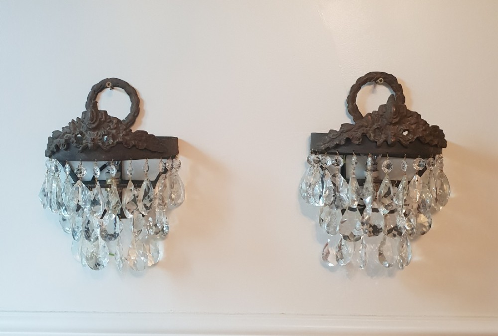 Pair of French Aged Brass Crystal Wall Lights, Rewired