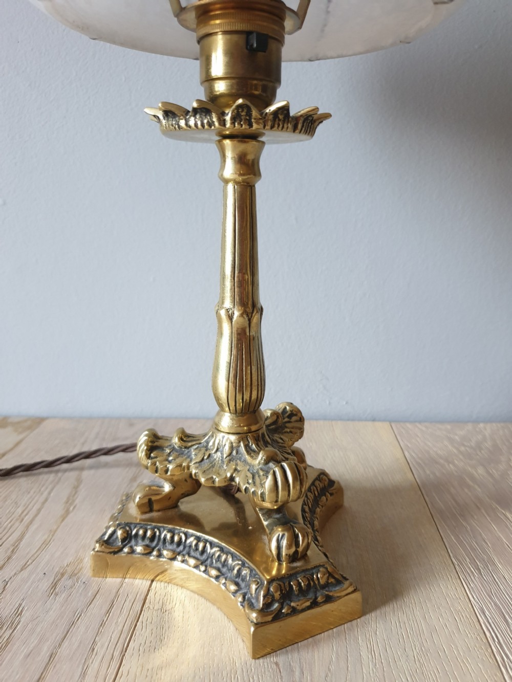 c1910 Small Brass Lion Foot Table Lamp with Opaque Glass Shade, Rewired and PAT tested View II