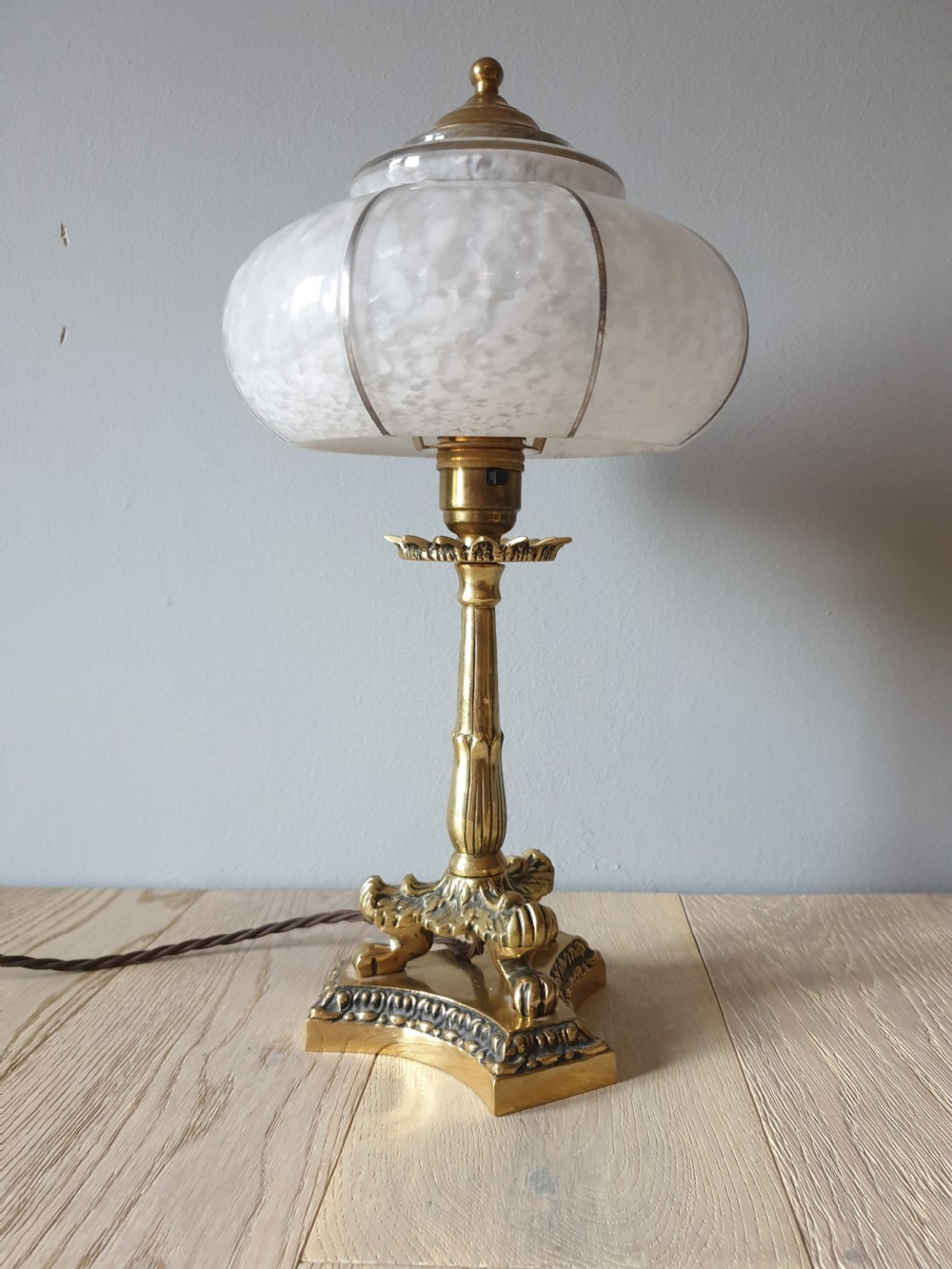 c1910 Small Brass Lion Foot Table Lamp with Opaque Glass Shade, Rewired and PAT tested View III