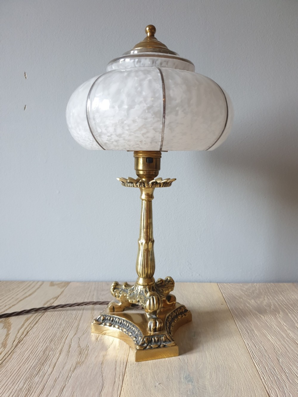 c1910 Small Brass Lion Foot Table Lamp with Opaque Glass Shade, Rewired and PAT tested View IV