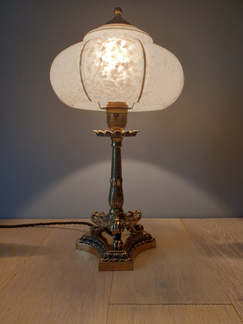 c1910 Small Brass Lion Foot Table Lamp with Opaque Glass Shade, Rewired and PAT tested View V