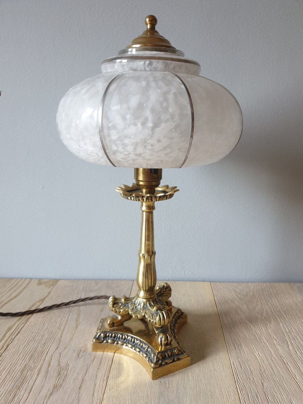 c1910 Small Brass Lion Foot Table Lamp with Opaque Glass Shade, Rewired and PAT tested View VI