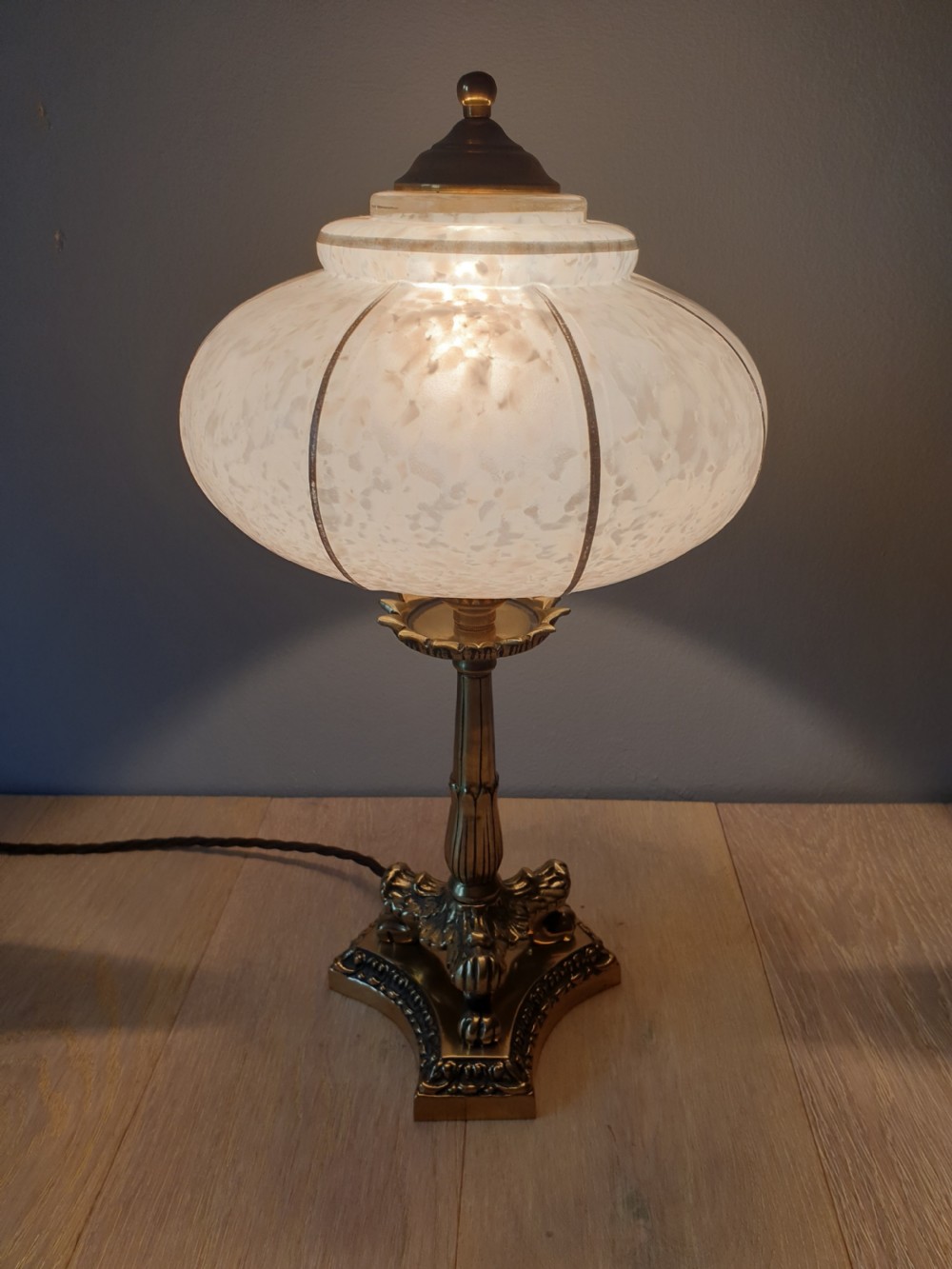 c1910 Small Brass Lion Foot Table Lamp with Opaque Glass Shade, Rewired and PAT tested View VII