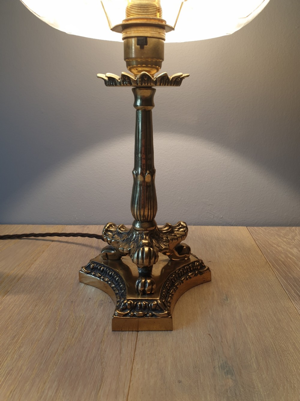 c1910 Small Brass Lion Foot Table Lamp with Opaque Glass Shade, Rewired and PAT tested View VIII