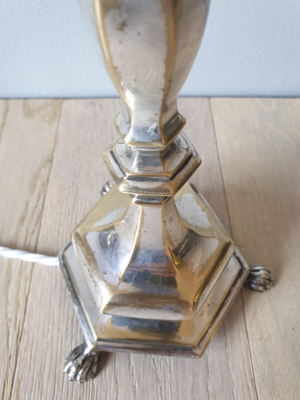 Distressed Silver Plated Brass Table Lamp, Rewired and PAT tested  View V
