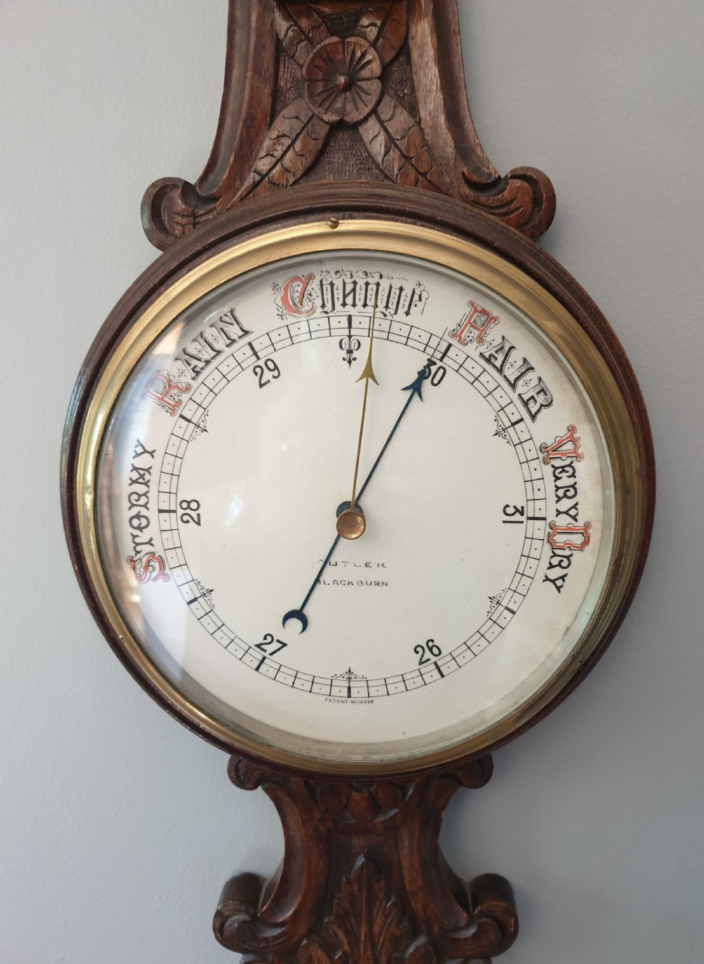 Butler of Blackburn Oak Banjo Barometer  View III