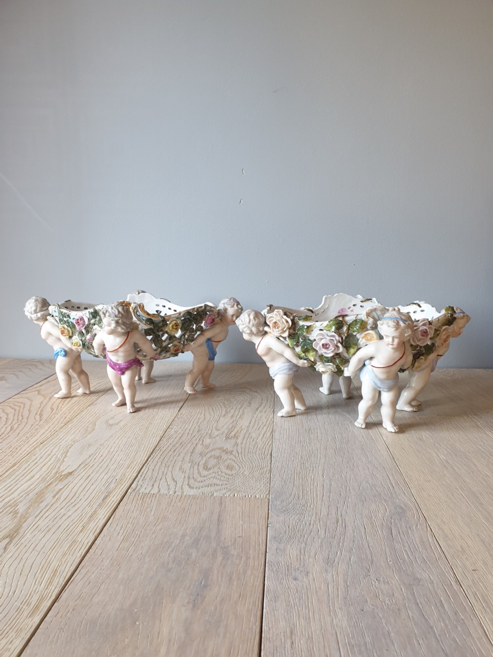Pair of Continental Floral Cherub Bowls