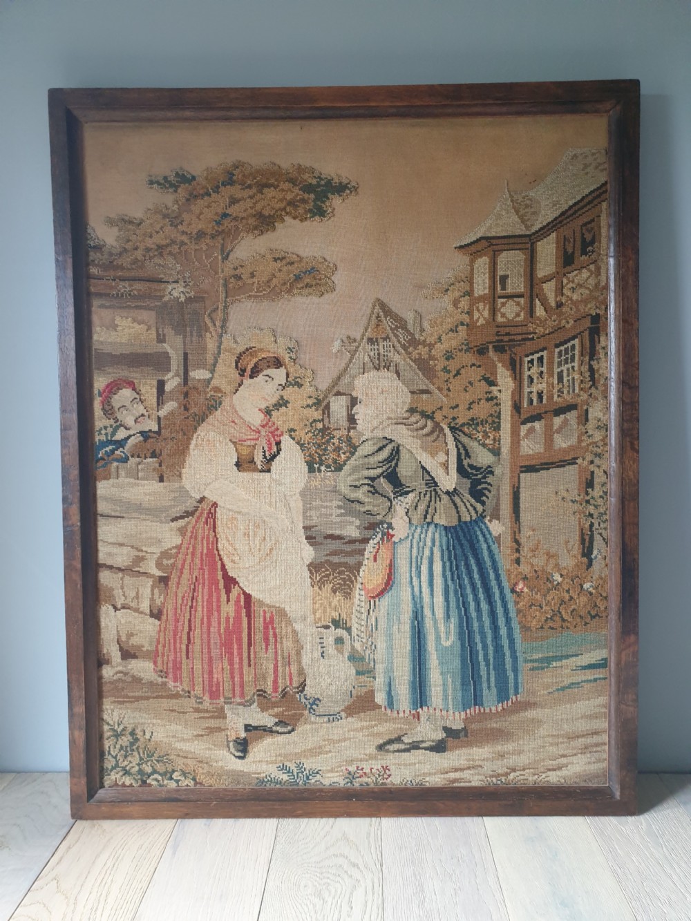 Large Victorian Tapestrie Needlework in Original Oak Frame 