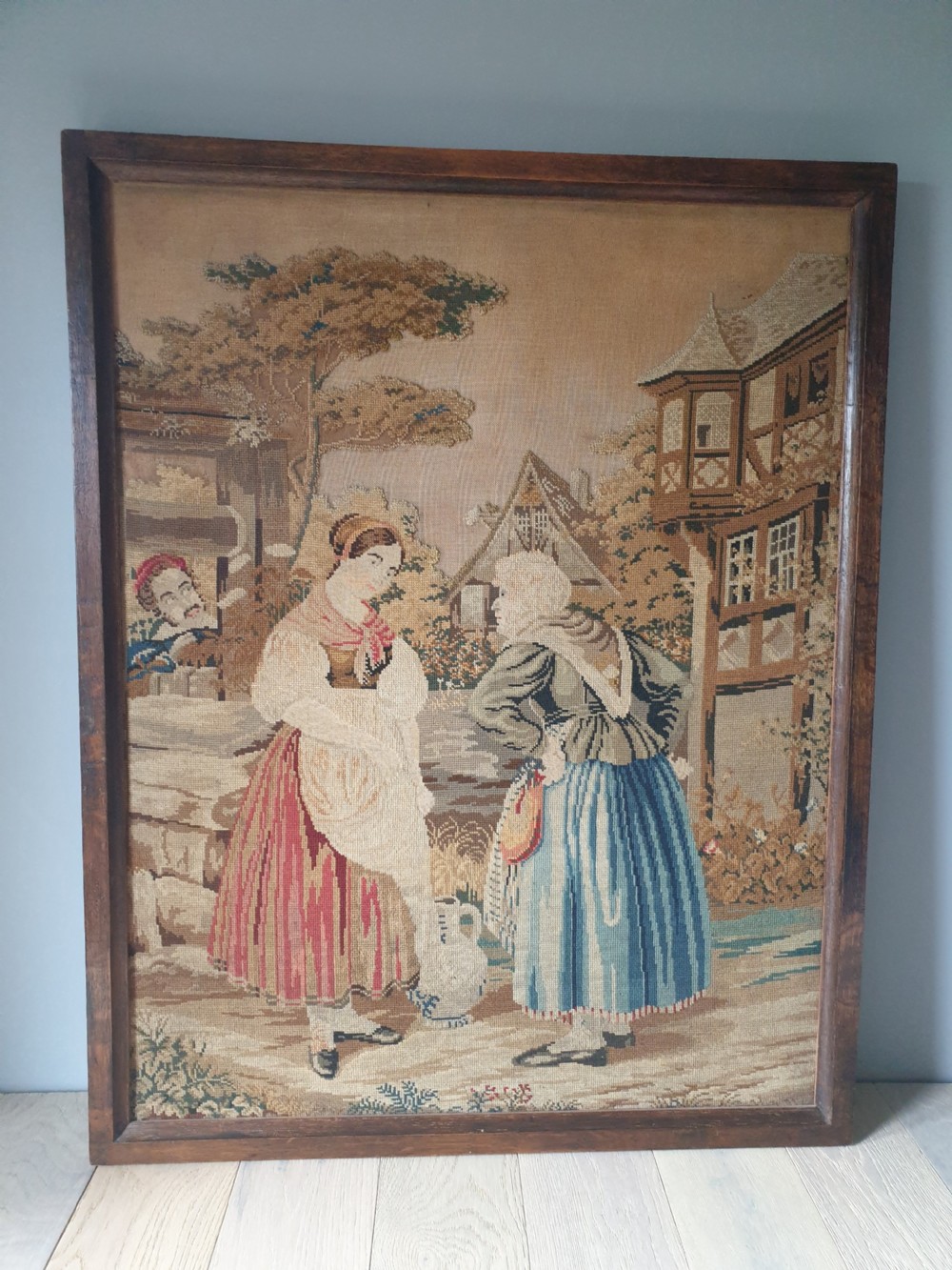 Large Victorian Tapestrie Needlework in Original Oak Frame  View II