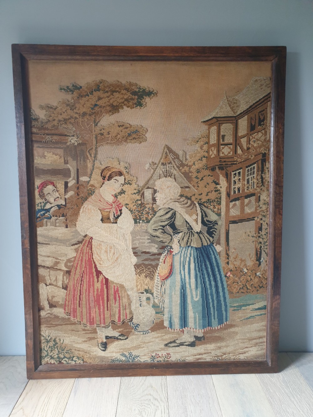 Large Victorian Tapestrie Needlework in Original Oak Frame  View III
