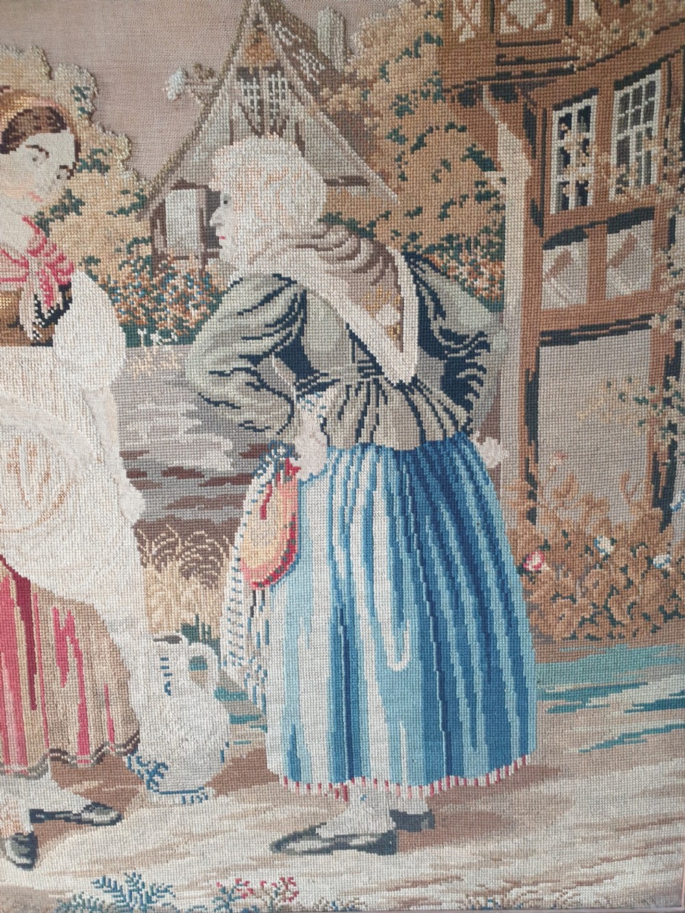 Large Victorian Tapestrie Needlework in Original Oak Frame  View V