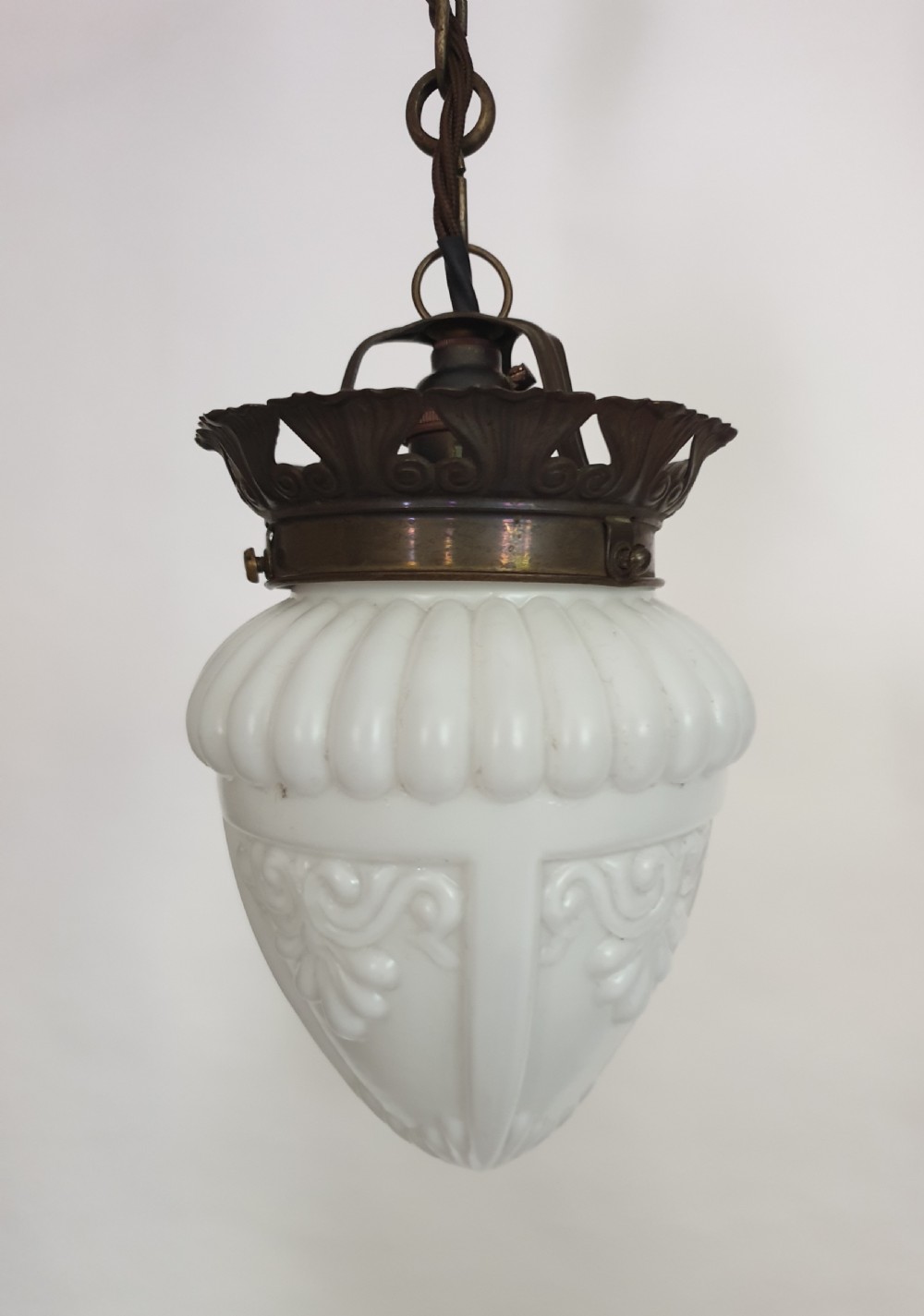 French Opaque White Ceiling Pendant Light with Aged Brass Gallery, Rewired 