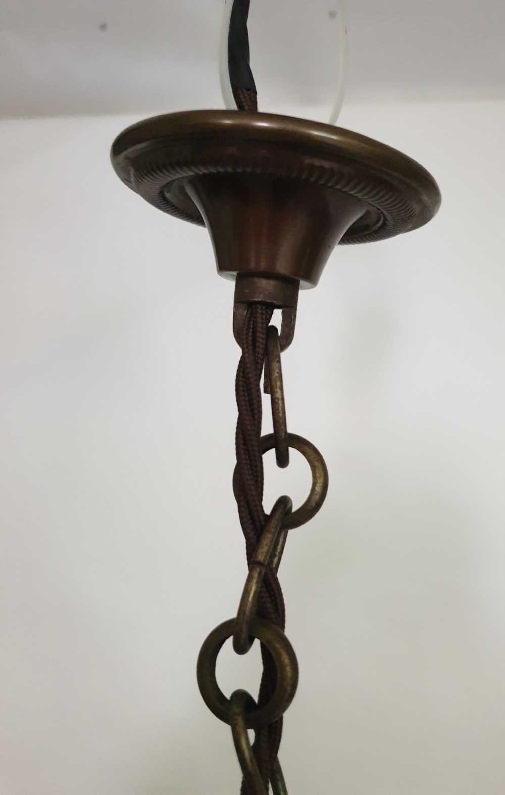 French Opaque White Ceiling Pendant Light with Aged Brass Gallery, Rewired  View IV