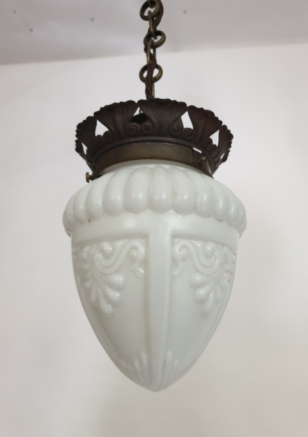 French Opaque White Ceiling Pendant Light with Aged Brass Gallery, Rewired  View IX