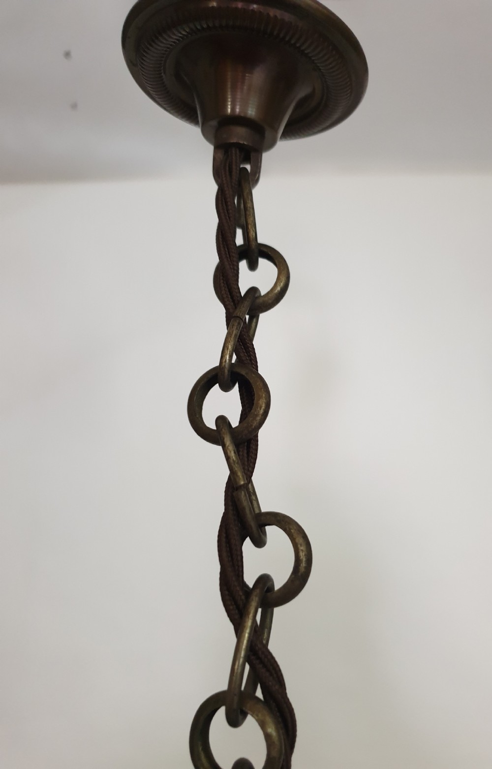French Opaque White Ceiling Pendant Light with Aged Brass Gallery, Rewired  View X