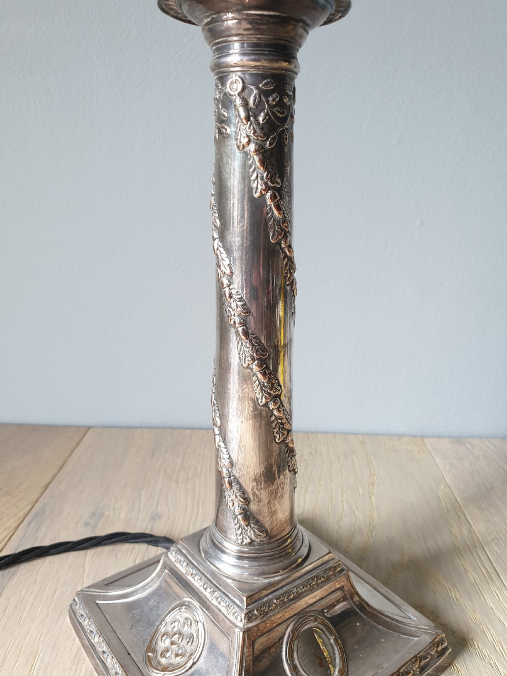 Victorian Decorated Distressed Silver Plated Brass Table Lamp, Rewired and PAT tested  View IV