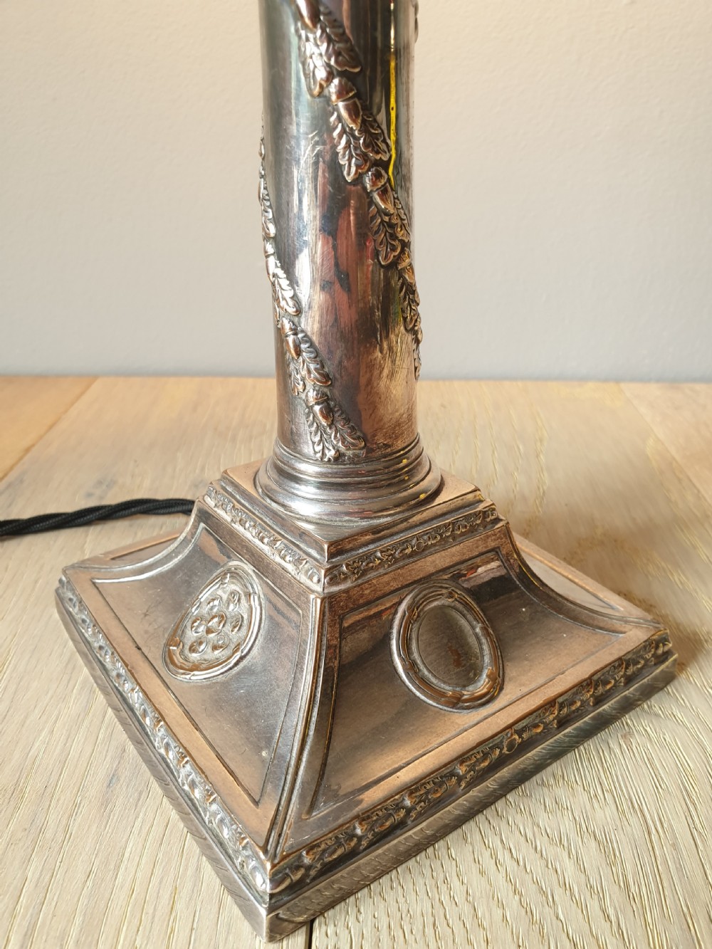 Victorian Decorated Distressed Silver Plated Brass Table Lamp, Rewired and PAT tested  View VI