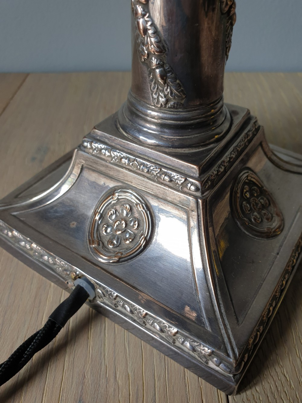 Victorian Decorated Distressed Silver Plated Brass Table Lamp, Rewired and PAT tested  View VIII